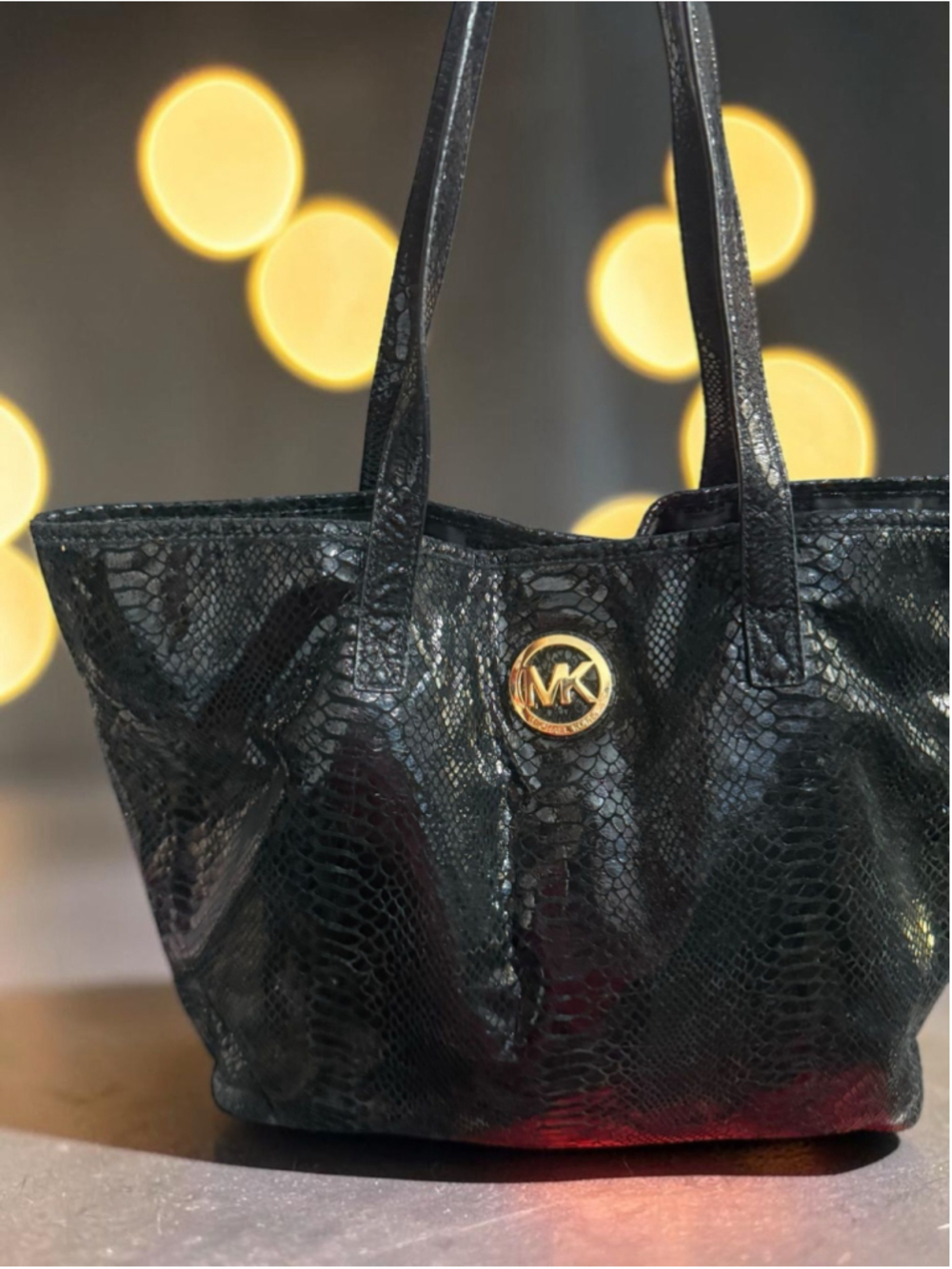 Michael Kors Black Snake Embossed Tote Bag Gold Hardware Large Shoulder Purse